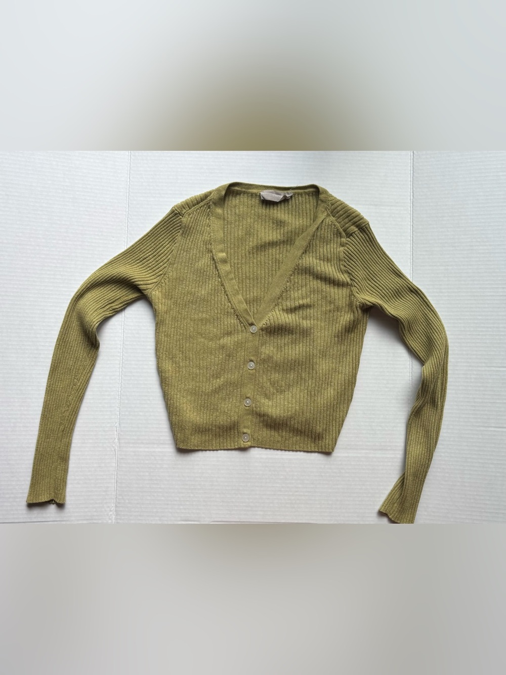 Everlane Olive green Ribbed V-Neck Button cropped Cardigan wool cotton blend